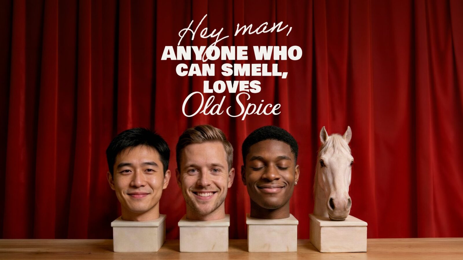Old Spice Hey Man key visual met drie AI-gegenereerde mannen en een paard tegen een rood gordijn